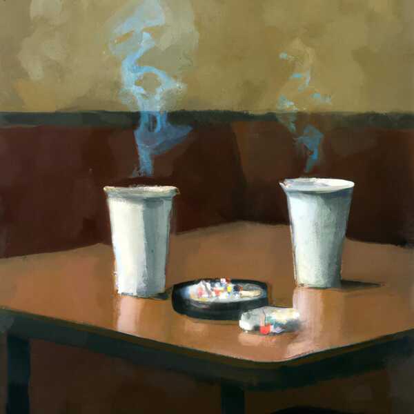 Pintura a l’oli. Dos gots de paper fumejant i un cendrer damunt d’una taula.