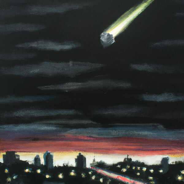 Pintura a l’oli. Escena nocturna. Siluetes d’edificis i un meteorit caient.
