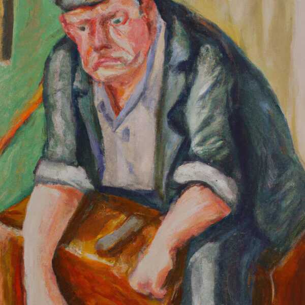 Pintura a l’oli. Un home gran amb bossa de carter, assegut, fa cara de cansat.