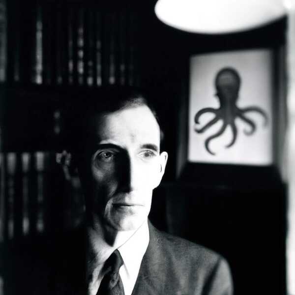 Imatge fotogràfica. Retrat d’un home que s’assembla una mica a Lovecraft. Al seu darrere, en la penombra, una prestageria amb llibres i la silueta emmarcada d’un polp sobre fons blanc.