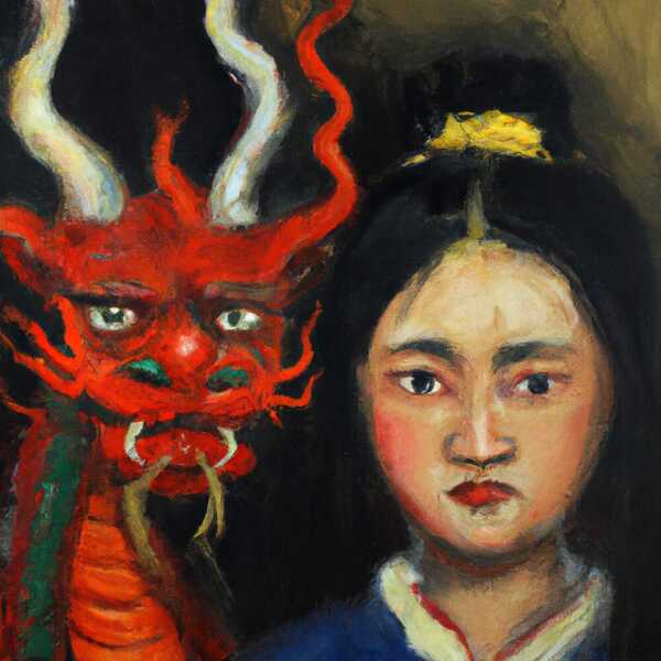 Pintura a l’oli. Retrat d’una dona jove xinesa i un dimoni d’estil xinès.