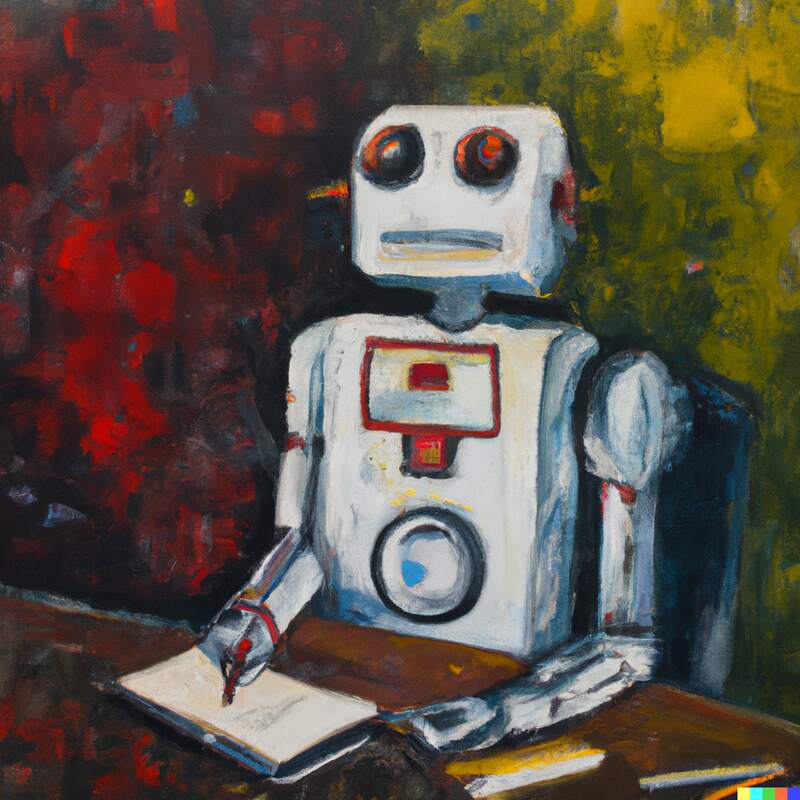 Pintura a l'oli d'un robot escrivint en un quadern. Generada per DALL·E.