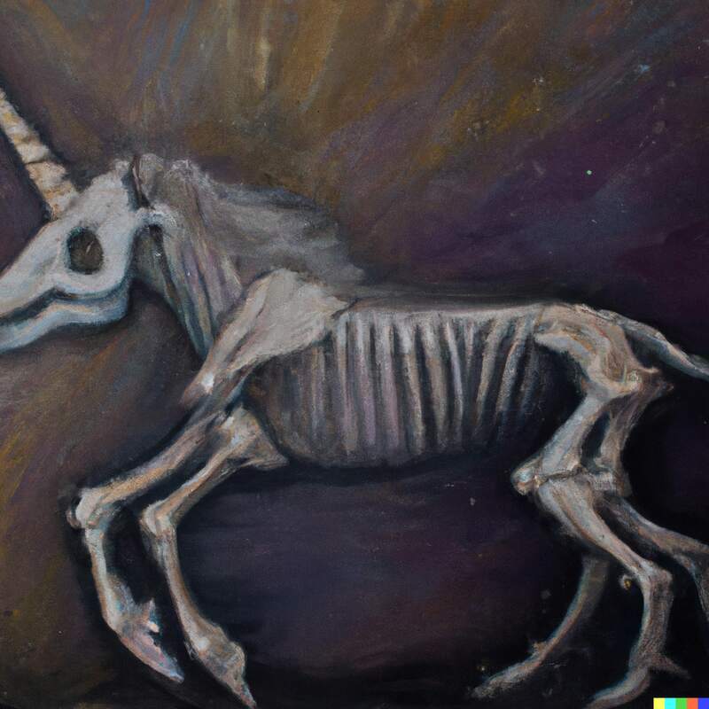 Pintura a l’oli de l’esquelet d’un unicorn. Generada per IA.