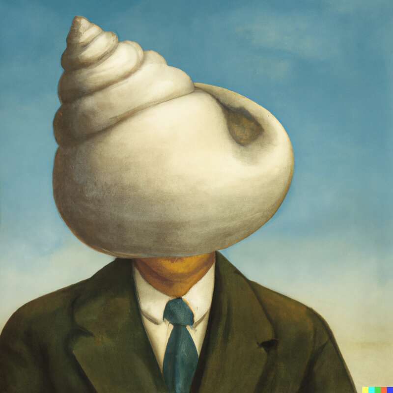 Imatge generada per DALLE·2 mitjançant el prompt següent: “An oil painting by Magritte of a man with a seashell head”