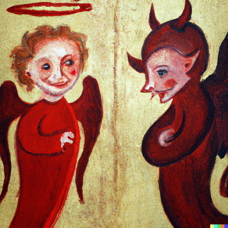 Imatge generada per intel·ligència artificial: pintura a l'oli d'un àngel i un dimoni, estil manuscrit medieval