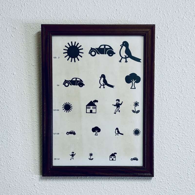 Fotografia d’una taula optomètrica per a infants, emmarcada, penjada en una paret. En lloc de lletres, mostra dibuixos en files de mida decreixent: un sol, un automòbil, un ocell, un arbre, una flor.